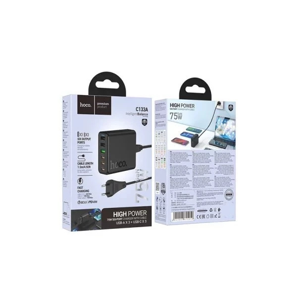 شارژر 75 وات 6 پورت هوکو مدل C133A Earl